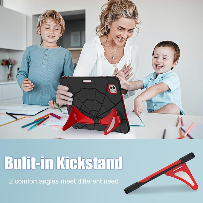 AKABEILA Compatible with Apple iPad Pro 11(2024) 11 inch Tablet Case，Lightweight Shockproof Rugged Protective Cover with Kickstand for Kids Children Boys Babies Black Red