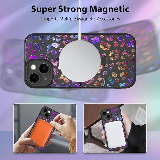 KANGHAR Compatible with iPhone 15 Case, Support for MagSafe, Silicone Cute Iridescent Leopard Cheetah Pattern, Wristband Kickstand Shockproof Protective Slim Cover for Women Girls, Black