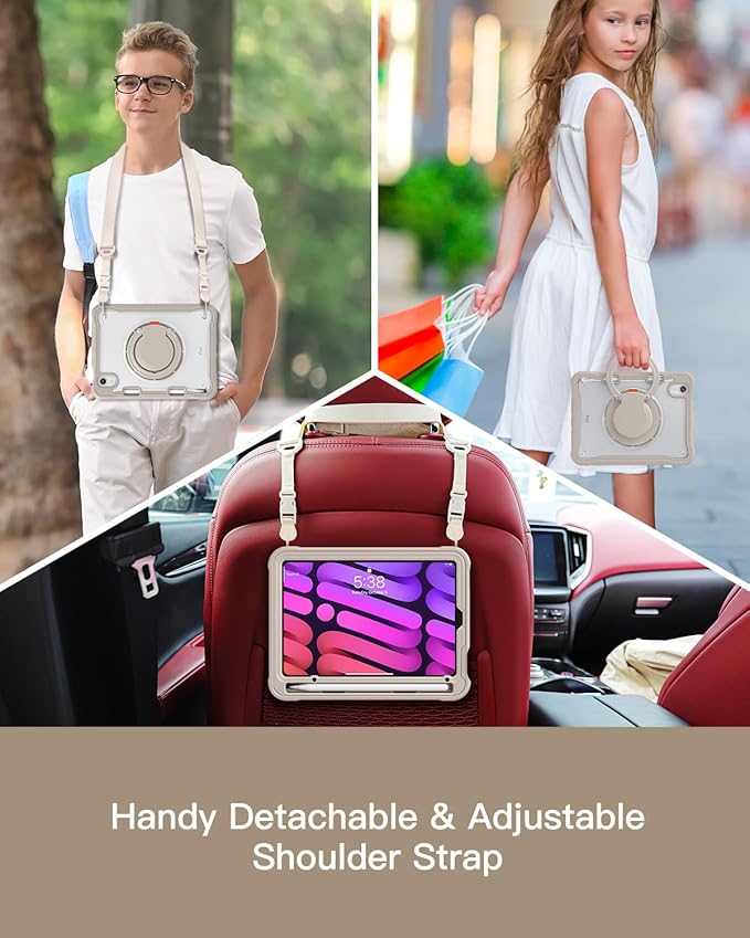 BRAECN for iPad (a17 pro) Mini 7/Mini 6 Case 2024/2021 8.3 inch with Pencil Holder Protective Clear Ring Handle 360 Rotating Stand Shockproof Dropproof Rugged Carrying Shoulder Strap Kids Friendly