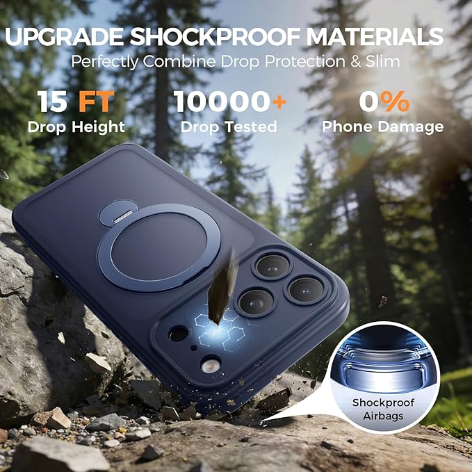 for iPhone 17 Pro Max Case [ 360° Spin Magnetic Stand] [Full Camera Protection] Compatible with Magsafe, 15FT Military-Grade Protection, Translucent Anti-Slip Phone Case 6.9'', Deep Blue