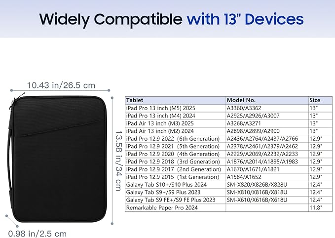 TiMOVO 13 Inch Tablet Sleeve for iPad Air 13" M3 2025, iPad Pro 13"/12.9", Galaxy Tab S9/S10 Plus/S9 FE+ 12.4", Remarkable Paper Pro 11.8", Protective Bag with Pockets, Black
