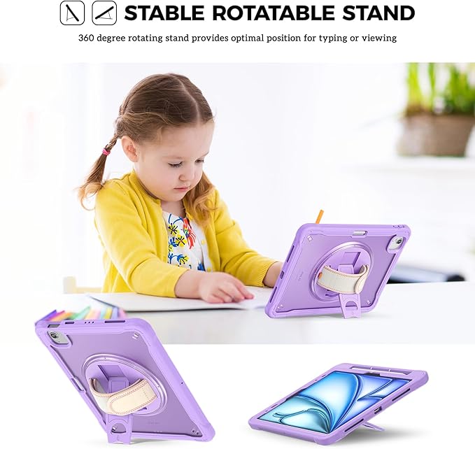 ProCase for iPad Air 11-inch M4 2026/ M3 2025/ M2 2024/ Air 5th / 4th Gen 10.9"/ iPad Pro 11" 4th/3rd/2nd/1st Gen, Heavy Duty Shockproof Cover with Hand Strap 360 Degree Rotatable Kickstand -Purple