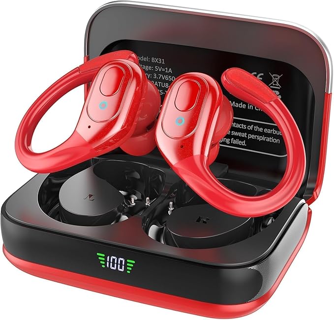 sajawass Wireless Earbuds Headphones Bluetooth 5.4, Noise Canceling Ear Buds with 75hr Playtime, IPX7 Waterproof Earphones Over-Ear Earphones for Sports/Workouts, LED Power Display - Red