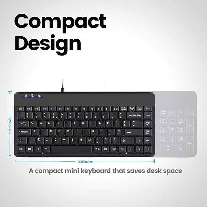 Perixx PERIBOARD-409H Wired USB Mini Keyboard with 2 USB Hubs, Black, US English Layout