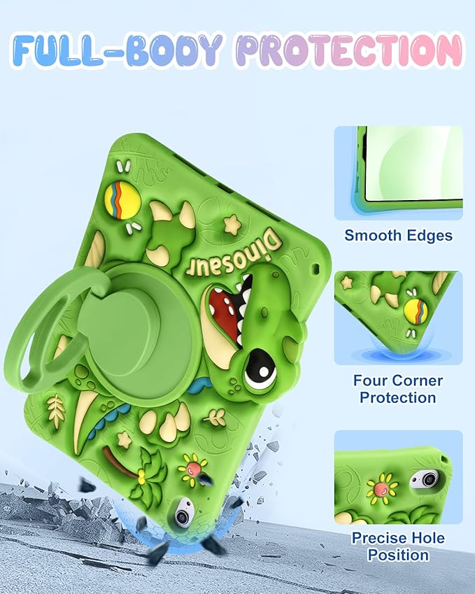 Boaretiu Tablet Case - Cute Cartoon Silicone Cover with Adjustable Shoulder Strap & Rotating Stand for Kids Boys Girls, for iPad mini 7th (A17 Pro) / for iPad mini 6th Generation Case, Green Dinosaur