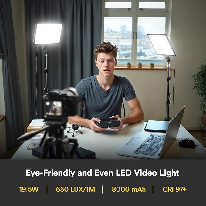 RALENO 13" Edge-Lit LED Video Light Panel Kit (2-Pack), Bi-Color 2500K-6500K Soft Studio Lights with CRI 95+, 75" Stand & 8000mAh Battery, Photography Light for Streaming/Zoom/YouTube/Makeup