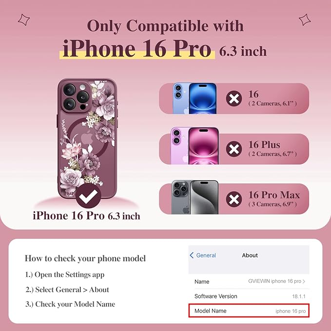 GVIEWIN for iPhone 16 Pro Case Compatible with MagSafe, [Military Grade Protection] [Screen Protector] Full Camera Protection Floral Translucent Women Magnetic Phone Case, Cherry Blossoms/Burgundy