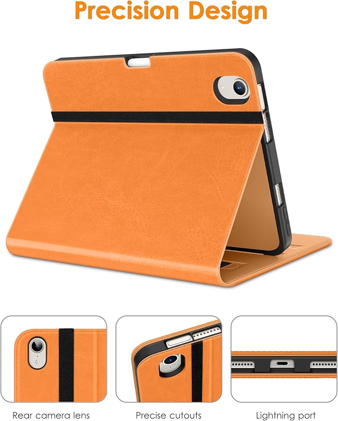 DTTO for iPad mini 7th (A17 Pro) 2024/iPad Mini 6th Generation Case 2021 8.3 Inch, Premium Leather Business Folio Stand Cover for Mini 7/6 with Pencil Holder-Multiple Viewing Angles, Orange
