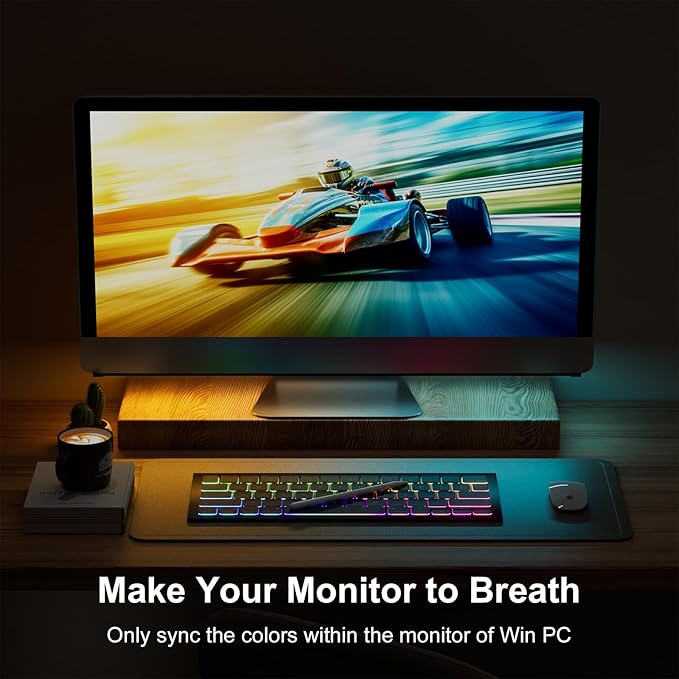 RGB Monitor Down Light Striping for PC - Dimmable Dynamic Rainbow, Adjustable Brightness/Speed, Music Sync & Screen Color Sync, for 27-34inch Computer Monitor, Game Room