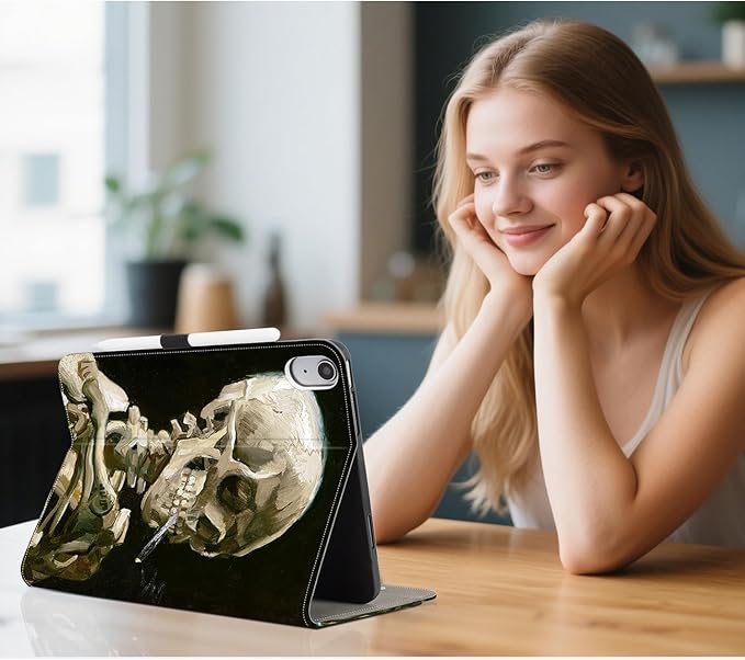 for iPad (A16) 11Th/10Th Generation Case 2025/2022, for iPad Case 11Th/10Th Generation, 10Th/11Th Gen iPadCase Cover Pencil Holder/Hand Strap/Pocket/Adjustable Stand, Halloween Skull