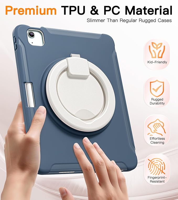 BATYUE Shockproof Case for iPad Air 11" M2/M3/M4, Air 4/5 10.9", iPad Pro 11" 1st-4th Gen 2018-2022 | 360° Multi-Angle Stand (Portrait & Landscape) & Grip, Built-in Pencil Holder, Dusty Blue