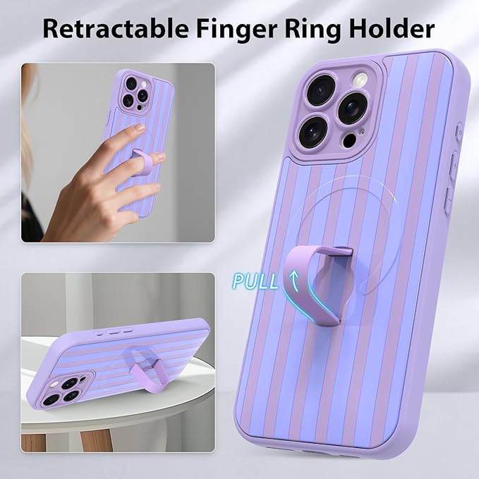 KANGHAR Compatible with iPhone 15 Pro Case, Support for MagSafe, Silicone Stripes Cute Pattern, Wristband Kickstand Camera Protection Soft Slim Cover for Girls Women -Purple