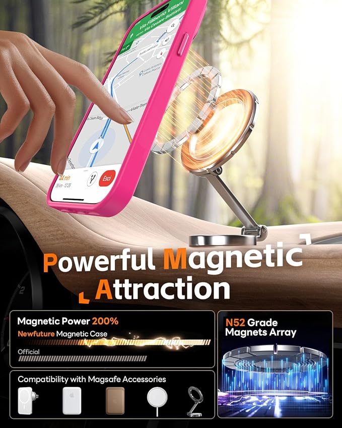 Newfuture Magnetic for iPhone 15 Pro Case [Compatible with Magsafe] [Military Grade Drop Protection] Translucent Matte Anti-Fingerprint Shockproof Phone Case for iPhone 15 Pro 6.1 inch, Hot Pink