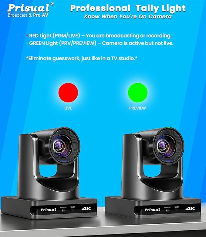 Prisual 4K NDI PTZ Camera, Advanced PTZ Auto Tracking 20X HDMI/USB3.0 PTZ Camera, 1/1.8”4K UHD 30P with Built-in Tally Light for Church Conference Events, PoE, PT20X-4K-N