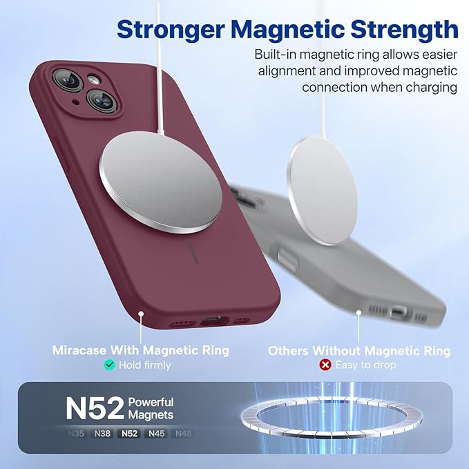 Miracase Magnetic for iPhone 15 Plus Case, [Soft Anti-Scratch Microfiber Lining], Magnetic for MagSafe, Liquid Silicone Shockproof Drop Protection Phone Case for 15 Plus, Wine Red