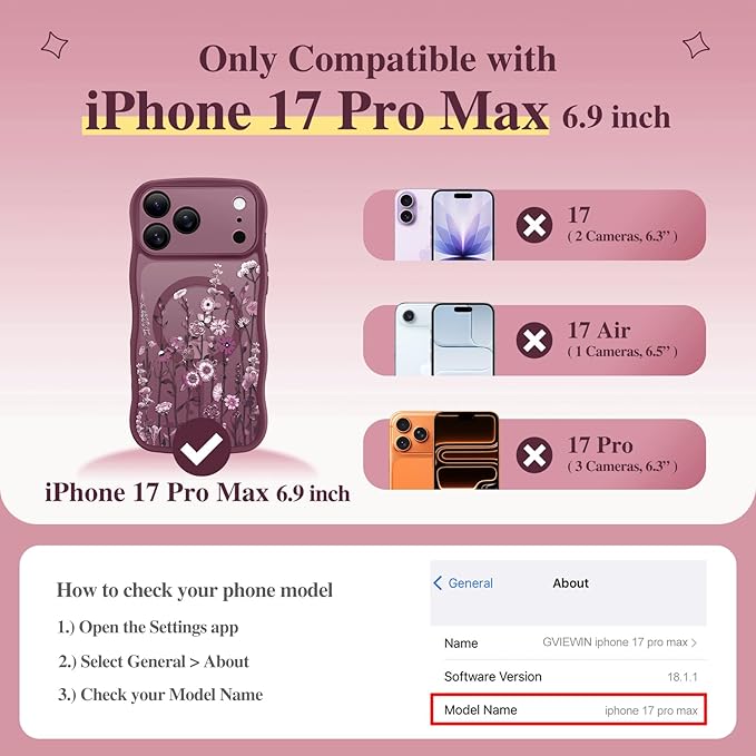 GVIEWIN for iPhone 17 Pro Max Case Compatible with MagSafe [Curly Wave Edge][Full Camera Protection] Floral Translucent Shockproof Magnetic Women Phone Case for 17 Pro Max, Floratopia/Burgundy