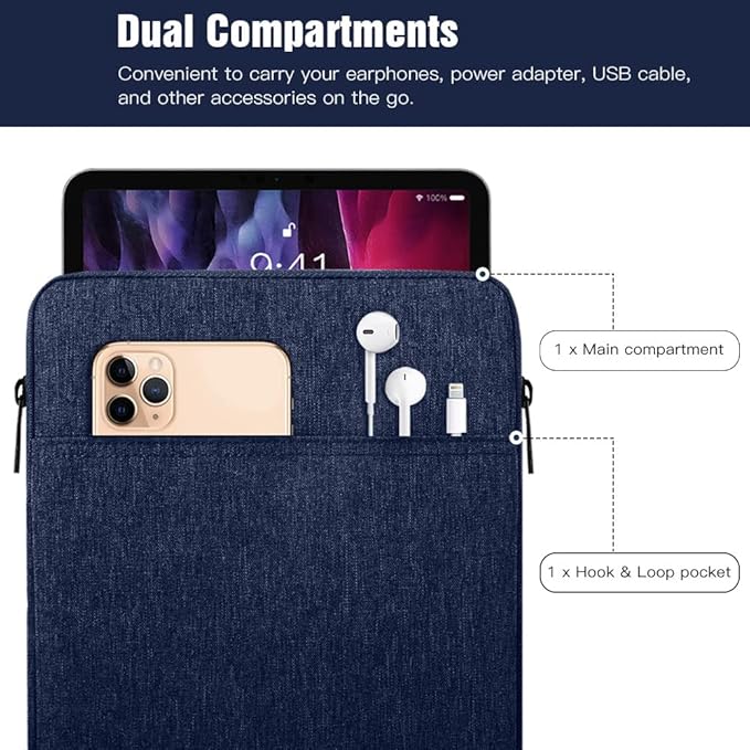 TiMOVO 9-11" Tablet Sleeve Bag for iPad 11-inch A16 2025, iPad 10.9"/10.2"| Air 11 Inch/5th/4th Gen. 10.9", Galaxy Tab A9+/A11Plus 11", Protective Bag Fit Smart Keyboard, Dark Blue