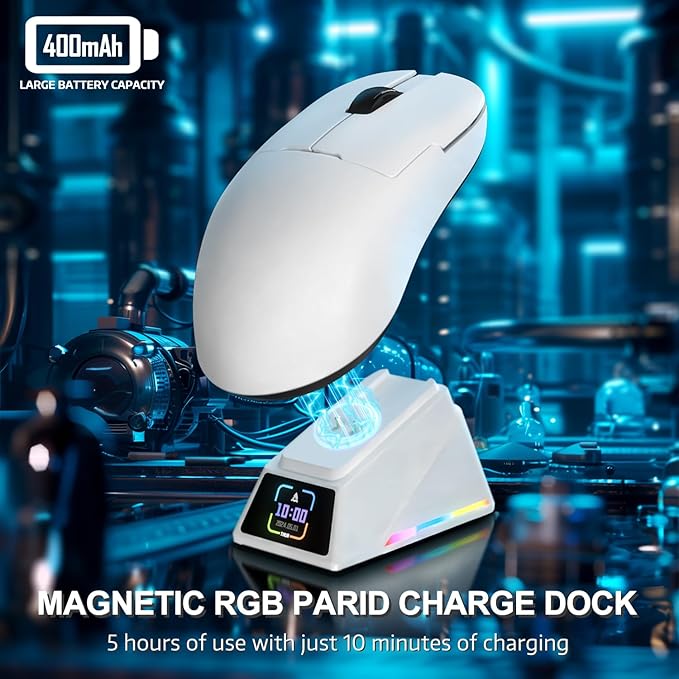 Yindiao AJAZZ AJ159 APEX Wireless Gaming Mouse with Magnetic Charging Base, 56g Lightweight BT/2.4G/USB-C Wired Mouse, PAW3950APEX 42K DPI Optical Sensor, Programmable Buttons for PC/Mac/Win(White)