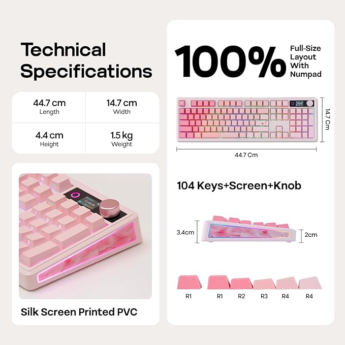 EPOMAKER TH108 V2 PRO Full Size Mechanical Keyboard with Screen&Knob, 10000mAh, BT/2.4Ghz, Mac Modifier PBT Keycap, Hot Swap, RGB, Gasket, Wireless Gaming Keyboard for Mac/PC (Pink, Creamy Jade)