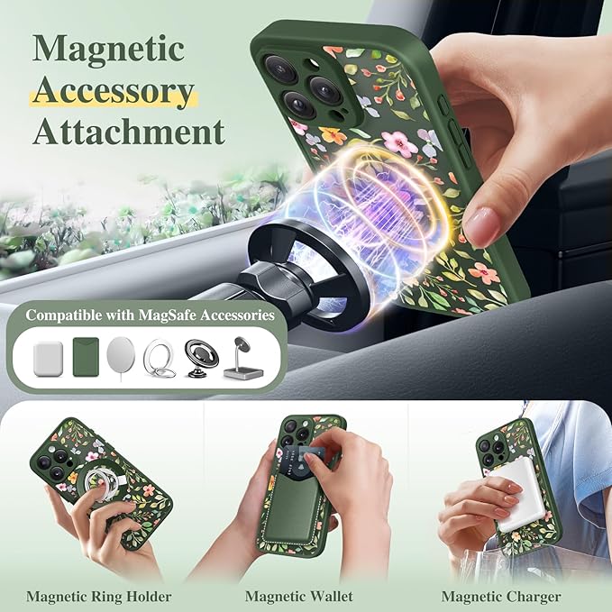GVIEWIN for iPhone 16 Pro Case Compatible with MagSafe, [Military Grade Protection] [Screen Protector] Full Camera Protection Floral Translucent Women Magnetic Phone Case, Watercolor/Forest Green