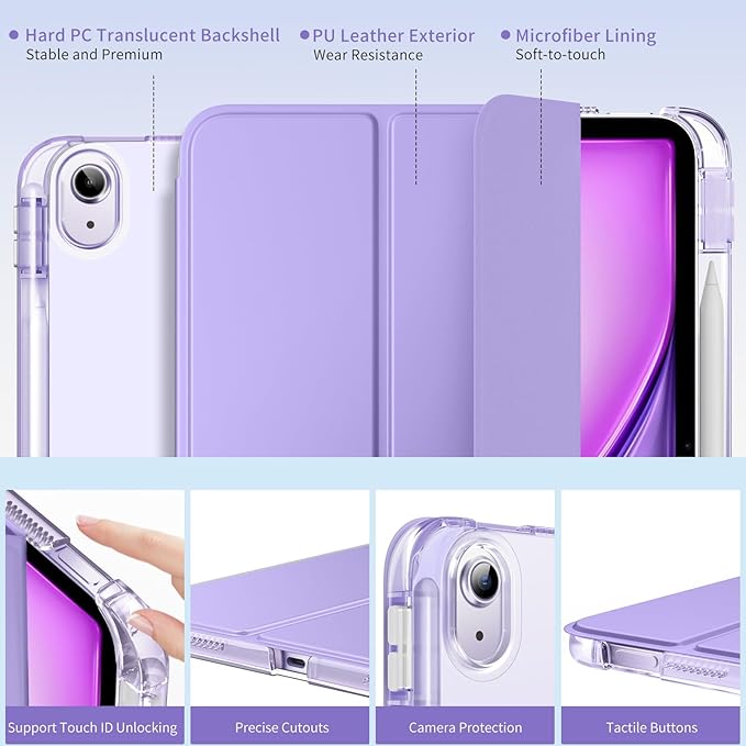 MoKo for iPad Air 11 inch Case (M4/M3/M2) 2026/2025/2024, iPad Air 5th/4th Gen 10.9 inch Case 2022/2020 with Pencil Holder, Slim Light Trifold Cover with Hard PC Translucent Back Shell, Lilac
