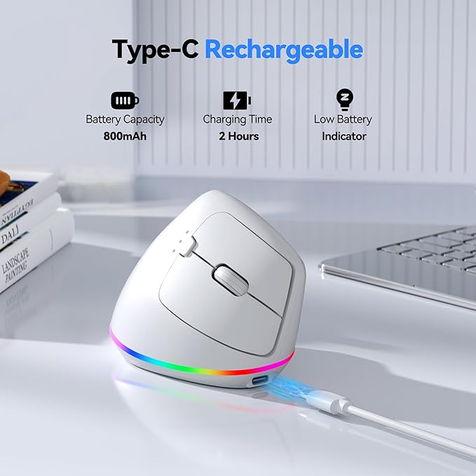 TECKNET RGB Wireless Ergonomic Mouse Rechargeable - USB+Bluetooth Multi-Device LED Vertical Mouse with 11 RGB Backlight Modes, 4800 DPI Adjustable, Ergo Mice for Windows and Mac, White