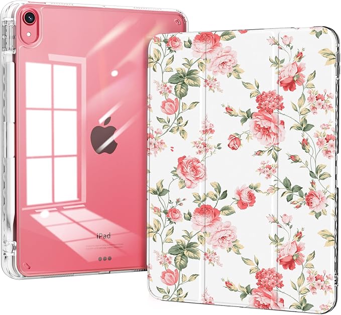 Case for iPad 11th Generation A16 Chip 2025, Slim iPad 10th Generation Case 10.9-inch 2022, Protective Lightweight Transparent Clear Back Cover, Trifold Stable Stand, Pink Rose
