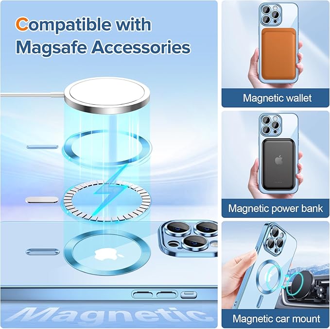 Hython Magnetic Clear for iPhone 13 Pro Max Case with Camera Lens Protector [Compatible with MagSafe] Plating Edge Slim Soft TPU Cover Protective Phone Case for iPhone 13 Pro Max 6.7", Light Blue