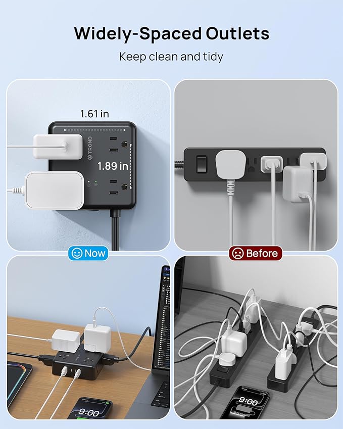 TROND Surge Protector Power Strip, 5FT Flat Plug Extension Cord with 8 Outlets & 4 USB Ports (3 USB C), 1625W, Wall Mount Outlet Extender for Home Office Dorm Room Essentials, Black