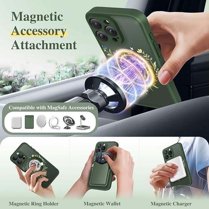 GVIEWIN for iPhone 16 Pro Case Compatible with MagSafe, [Military Grade Protection] [Screen Protector] Full Camera Protection Floral Translucent Women Magnetic Phone Case, Bloomcore/Forest Green