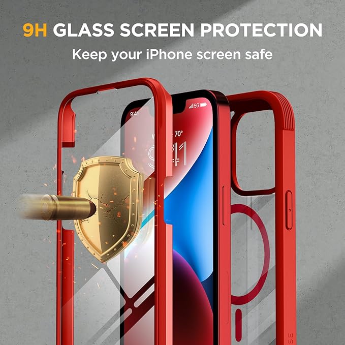Miracase Glass Series Designed for iPhone 14 Plus Case 6.7 inch, 2023 Upgrade Full-Body Magnetic Clear Case with Built-in 9H Tempered Glass Screen Protector,Compatible with MagSafe, Red