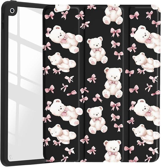 JOYLAND Cute Pink Bear Bow Case for iPad 7th/8th/9th Generation, Girly Kawaii Animal Clear Acrylic Hard Back Black Case with Pencil Holder Trifold Stand Tablet Cover for iPad 10.2" 2019/2020/2021