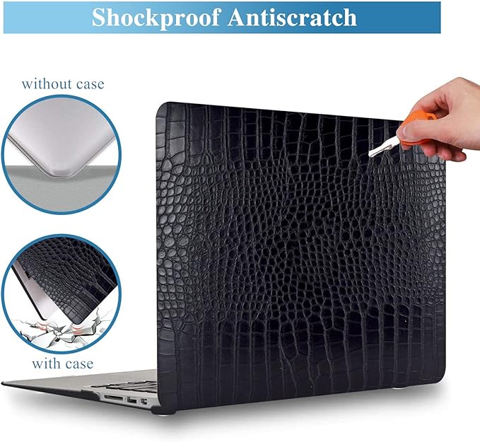 Compatible with Crocodile MacBook Air 13 inch Case 2021 2020 2019 2018 M1 A2337 A2179 A1932, Textured Elegant Luxury Aligator Skin Snakeskin PU Leather Hard Shell & Keyboard Cover, Black