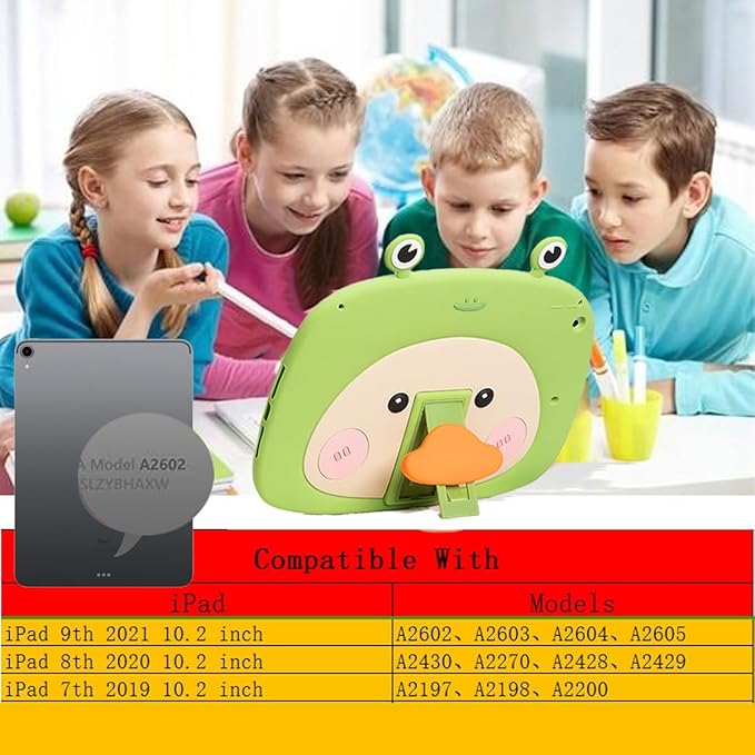 3D Cute Frog Duck Case for iPad 9th/8th/7th 10.2 inch,Kawaii Cartoon Character Frog Duck Soft Silicone Stand Case with Lanyard for Kids Teens Girls Women