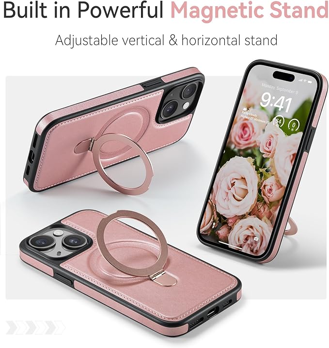 for iPhone 15 Case with Stand Compatible with Magsafe Slim Leather & Durable TPU Drop Proof Magnetic Kickstand Protective Phone Cover with Tempered Glass Screen Protector 6.1", Rose Gold