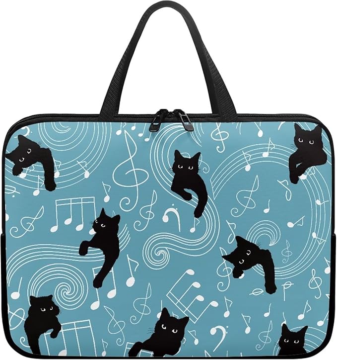 12 Inch Laptop Sleeve, Music Note Black Cats Laptop Cover Computer Bag Tablet Carrying Case with Handle, Durable Tote Bags Notebook Case Handbag Briefcase Shoulder Bag for Business/School