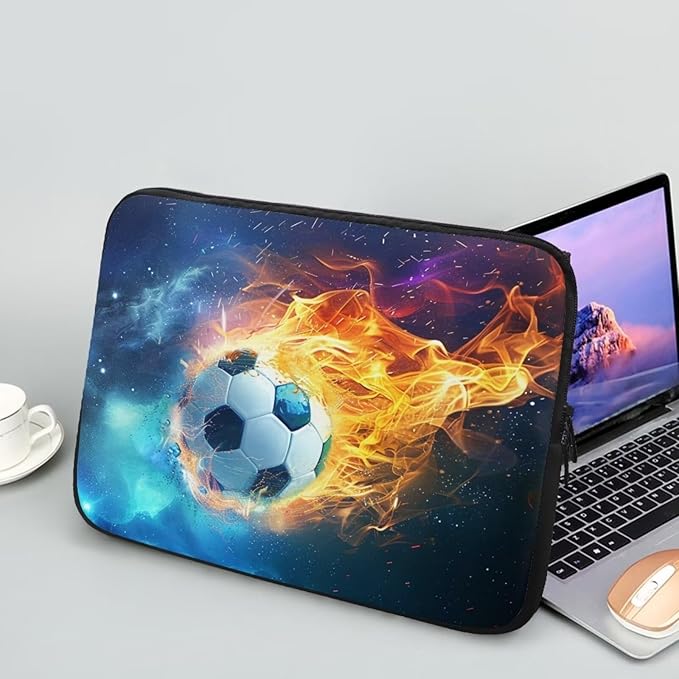 Water Flame Football Computer Sleeve for Men 15 InchLaptop Sleeve Neoprene Laptop Covers with Padded Compartment Lap Top Case Soccer Computer Carrying Bag