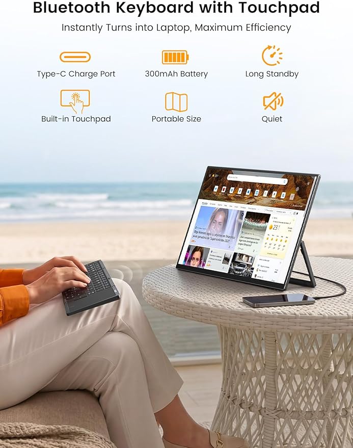 UPERFECT Portable Monitor Touchscreen 15.6'', Laptop Monitor with Bluetooth Keyboard, Built-in 8000mAh Battery | Adjustable Stand | Speakers, Ultra-Slim External Screen for Phone, Game Console