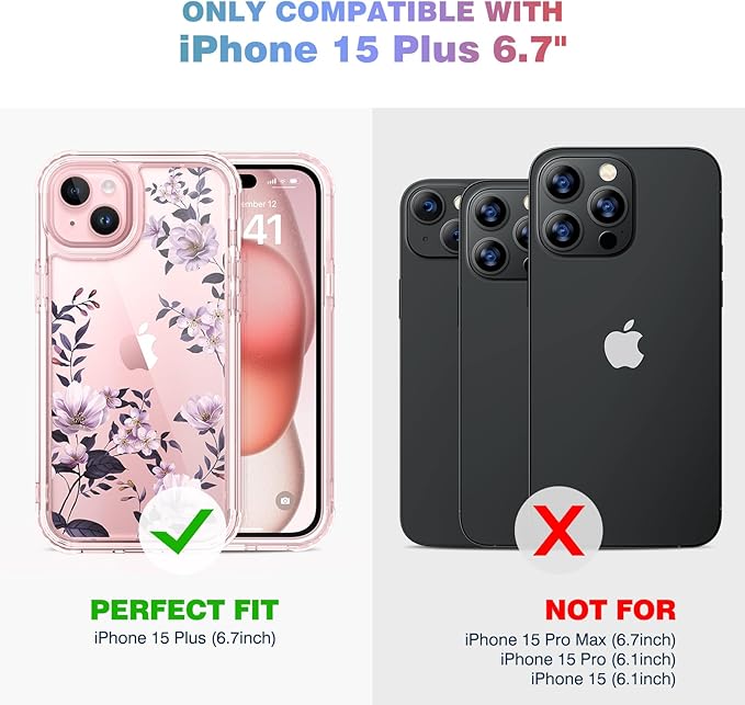 Diaclara Designed for iPhone 15 Plus Case 6.7 Inch Clear Floral Design,Full Body 360 Case w/Built-in Screen Protector+9H Glass Camera Lens Protector (Clear Flower)