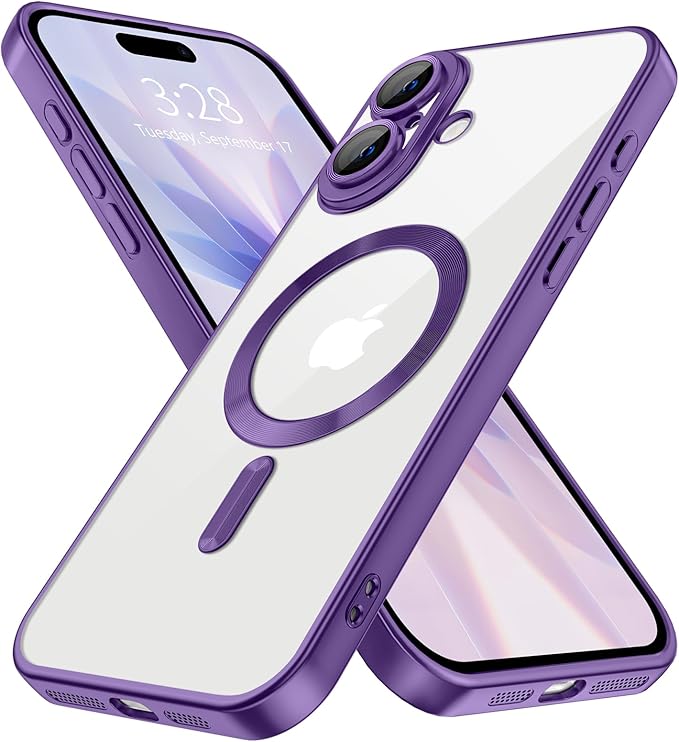 Hython Magnetic Clear for iPhone 17 Case with Camera Lens Protector [Compatible with MagSafe] Luxury Plating Edge Slim Soft TPU Cover Protective Phone Case for iPhone 17 6.3", Matte Purple