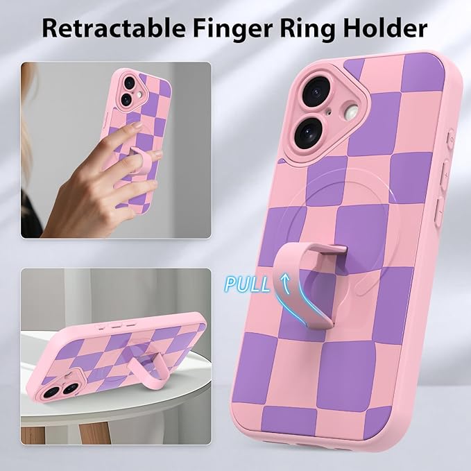 KANGHAR Compatible with iPhone 17 Case, Support for MagSafe, Silicone Checkered Cute Pattern, Wristband Kickstand Camera Protection Soft Slim Cover for Girls Women -Pink
