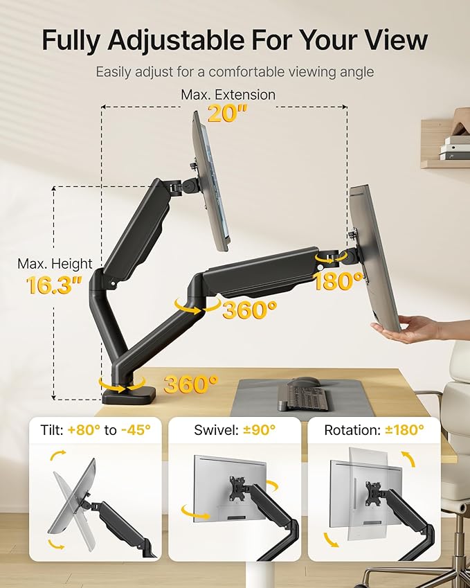 monTEK Heavy Duty Dual Monitor Arm for 17-32” Flat/Curved Screens, Premium Mechanical Spring Monitor Arm up to 19.8 lbs, Full Motion Monitor Desk Mount with Quick-Release VESA 75/100mm, Clamp/Grommet