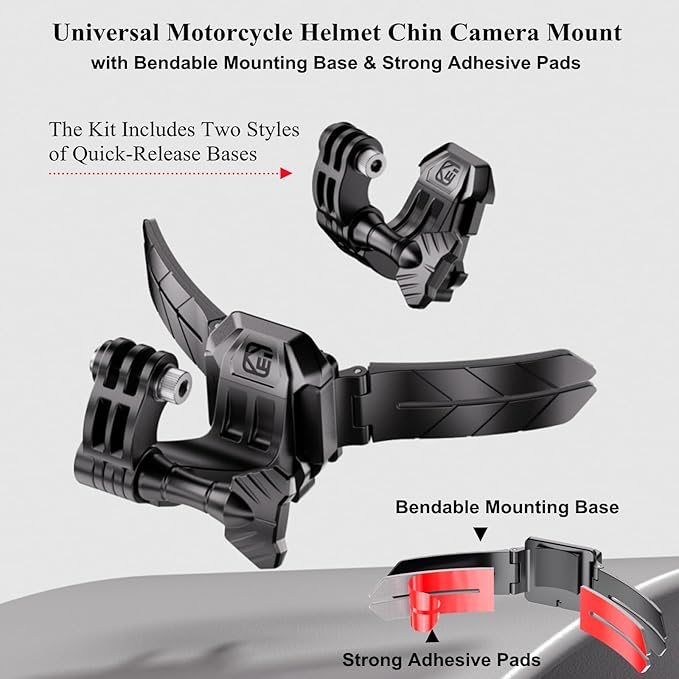 Kewig Universal Motorcycle Helmet Chin Camera Mount with Bendable Mounting Base & Strong Adhesive Pads, Quick-Release Design, Angle Adjustable, Compatible with DJI OSMO/Insta360 Action Camera