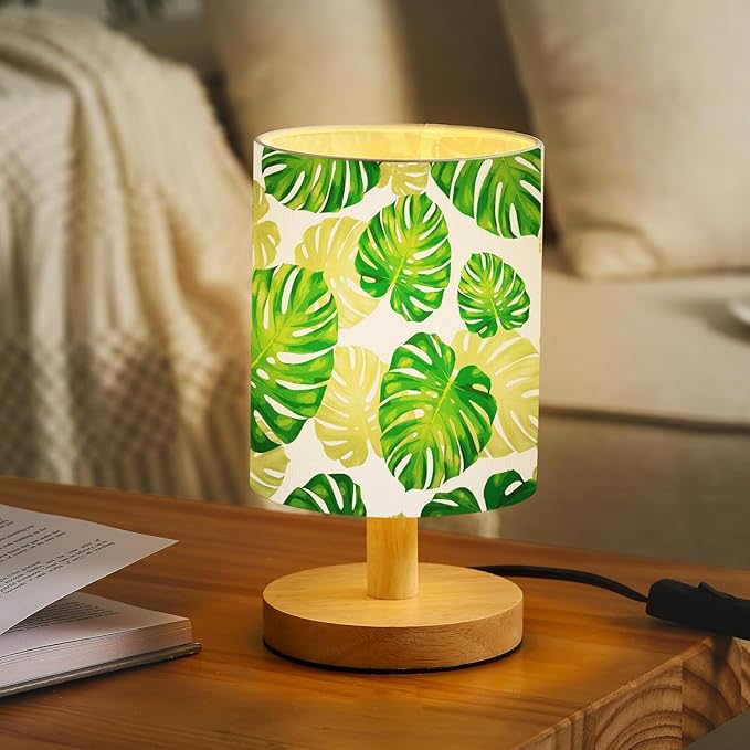 VIHOSE Jungle Animal Table Lamp Bedside Table Lamp Monstera Palm Leaves Vintage Nightstand Light with Linen Fabric Shade Solid Wood Base Decoration for Living Room Bedroom Desk Dorm