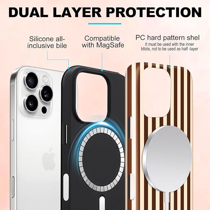 Magnetic for iPhone 15 Pro Case Cute Stripes Phone Case, Shockproof Slim TPU and Hard PC Protective Phone Cover Compatible with MagSafe Designed for Women Girls, Brown