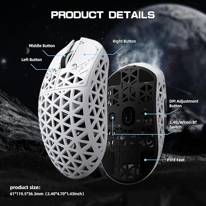 MAMBASNAKE M5 Ultra Carbon Fiber 8KHz Wireless Gaming Mouse,PAW3950 Sensor 42K DPI,39g Lightweight Tri-Mode 2.4GHz/BT/Wired Computer Mice,Web Driver Support,for Win/Mac/FPS/MOBA/Esports-White (A)