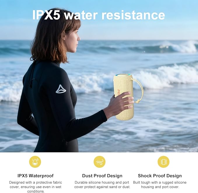 PEICHENG Bluetooth Speaker, Portable Wireless Clear Loud Stereo Sound IPX5 Waterproof with RGB Lights BT5.3 Long Playtime TWS Pairing,for Home Party Outdoor Beach,Great Gift Choice (Beige)