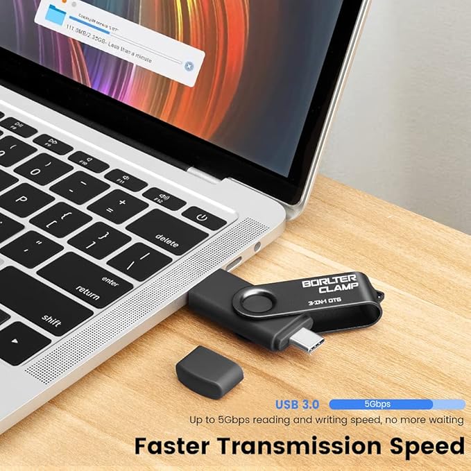 64GB 3 in 1 USB 3.0 Flash Drive Photo Stick for Android Phones, BorlterClamp OTG Memory Stick with 3 USB Ports (USB C, microUSB, USB A) for Samsung Galaxy, LG, Tablets, PC and More, Black