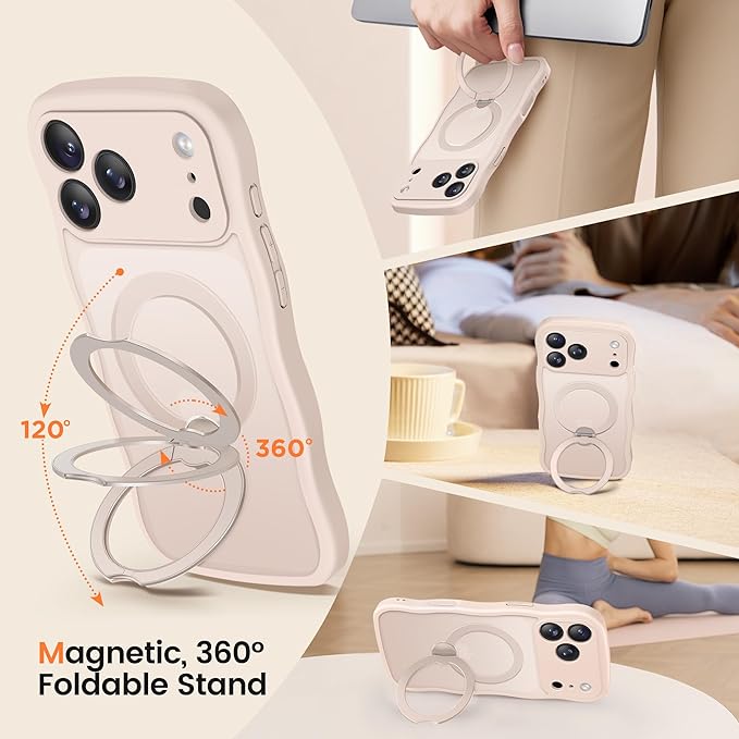 CAPRARO for iPhone 17 Pro Max Case with 360° Spin Magnetic Stand for Women, [Compatible with MagSafe] [Full Camera Protection] Cute Wave Translucent Matte Case for iPhone 17 Pro Max, Rose Gold