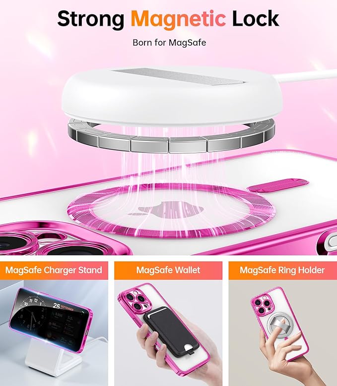 Meifigno Case Designed for iPhone 16 Pro, [Compatible with MagSafe] [1X HD+1X Privacy Screen Protectors] [Glitter Card&Wrist Strap] Surround Lens Protection Designed for iPhone 16 Pro Case, Hot Pink